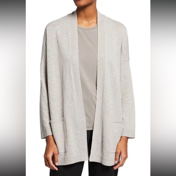 Eileen Fisher Linen Cotton High Collar Long Cardigan Silver Gray Sz L NWT $228 - Picture 1 of 5